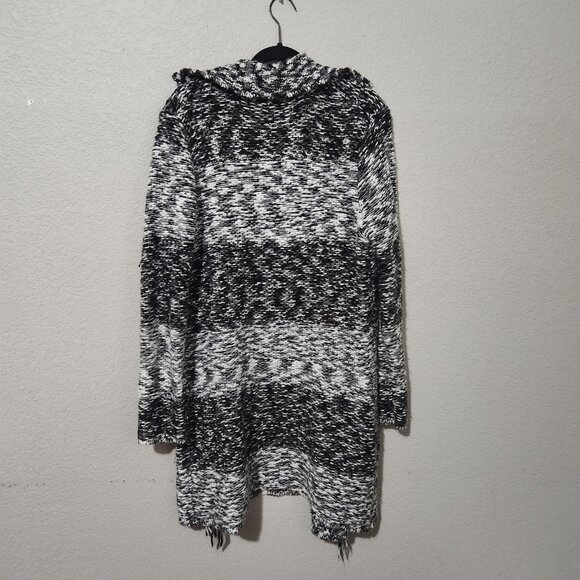 New Directions Cardigan Hooded Fringe Open Front Sweater XL Black White - Picture 7 of 14
